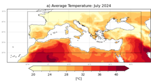 A graph of Europe showing Daily average temperature for July 2024 with a black box outlining the study area