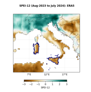 A figure showing the 12-month SPEI in July, 2024 over Italy (left). The study regions- the islands of Sicily and Sardinia are outlined in dark blue (right). 