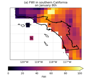 A map of the fire weather index in southern coastal california with the study region marked. 