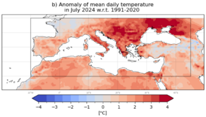 A graph showing the daily temperature anomaly with respect to 1991-2020 July average. A black box outlines the study area