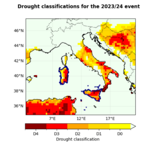 A figure showing the 12-month drought classification of the event categorised according to the US Global Drought Monitor system. The study regions- the islands of Sicily and Sardinia are outlined in dark blue (right).