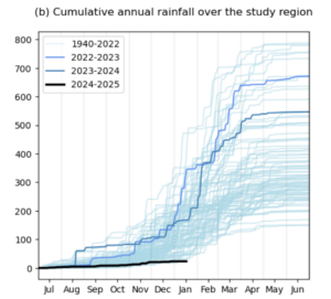 A graph showing cumulative annual rainfall over the study area. A black line shows that rainfall from 2024-25 has been extremely low compared to other years, especially 2022-23 and 2023-24 which had relatively high rainfall.