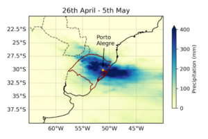 A graph showing the 10-day accumulated rainfall, representing a succession of 3 rainfall event over Rio Grande do Sul, the southernmost state of Brazil, in late April and early May 2024. 