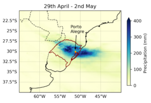 A graph showing the 4-day accumulated rainfall over Rio Grande do Sul, the single largest multi-day pulse of rainfall in the southernmost state of Brazil, in late April and early May 2024. 