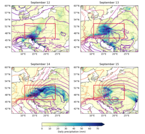 A figure showing average daily rainfall and sea-level pressure over central Europe from the 12th to 15th of September 2024. A large patch of blue shows the massive rainfall that impacted the study area over several days. 