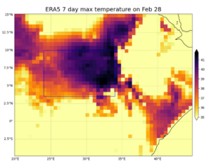 Figure 1. Seven day average maximum temperature (TX7x) for the period of 22 of February to 28 of February. The blue box highlights the study region. Data ERA5. 