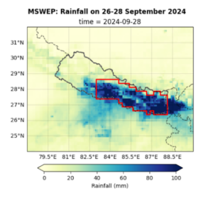 A map shows the rainfall that hit Nepal over three days. Darker shades of blue indicate the heaviest rainfall which fell across the east of Nepal 