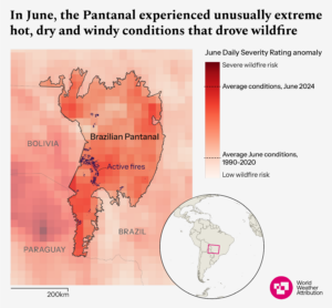 A map showing the fire weather conditions in the Brazilian Pantanal during June. A scale shows that the conditions were extremely high in June 2024 comapred to other years. 