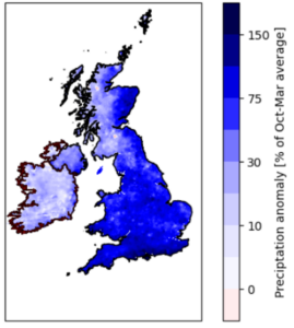 A figure showing Seasonal precipitation anomaly [%] relative to the Oct-Mar average over the years 1991/1992 to 2020/2021. Source: Met Office HadUK-Grid and Met Éireann’s gridded precipitation datasets.