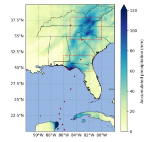 A map showing Accumulated precipitation over the southeastern US from 25-27th September 2024. The track of Hurricane Helene is shown as a series of red points, and the red regions are those used for extreme rainfall analysis in section 2 of this report. The borders of the affected states are shown for reference.