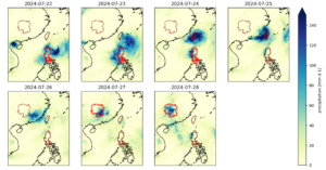 Graphs showing Daily rainfall totals from July 22nd-28th over the regions affected by Typhoon Gaemi.