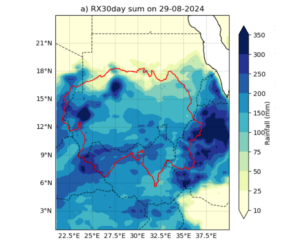 A map shows flooding in Sudan in 2024 with darker shades of blue indicating heavier rainfall.