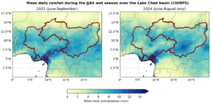 Two maps side by side show heavy rainfall in the Niger and Lake Chad basins in 2022 and 2024. Darker shades of blue indicate heavier rainfall and red outlines indicate the two basins. 