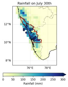 A figure showing 24-hour accumulated rainfall on 30 July 2024 in IMD observational data product. A red outline indicates the study region, encompassing northern Kerala. Dashed lines indicate the state boundaries of Kerala, Tamil Nadu to the east, and Karnataka to the north.