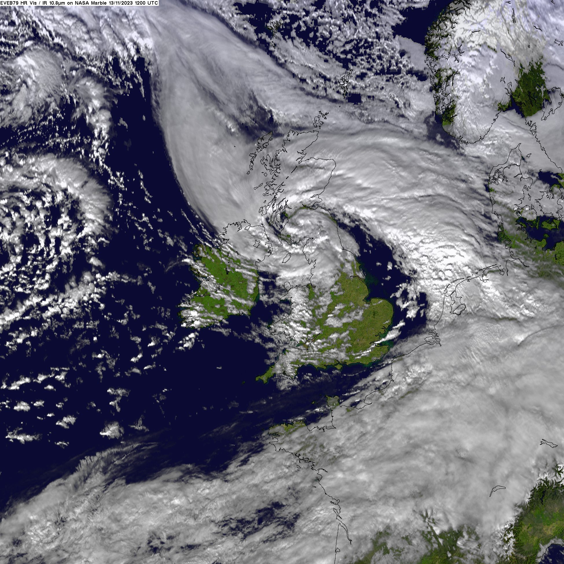 A satellite image showing storm Debi, a massive swirl of clouds, over Ireland and the UK.