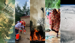 A composite image with five panels showing: a satellite image of flood waters discharging into the ocean, workers sweeping mud after a flood, a forestfire, a women walking through a flood and a satellite image of a hurricane.